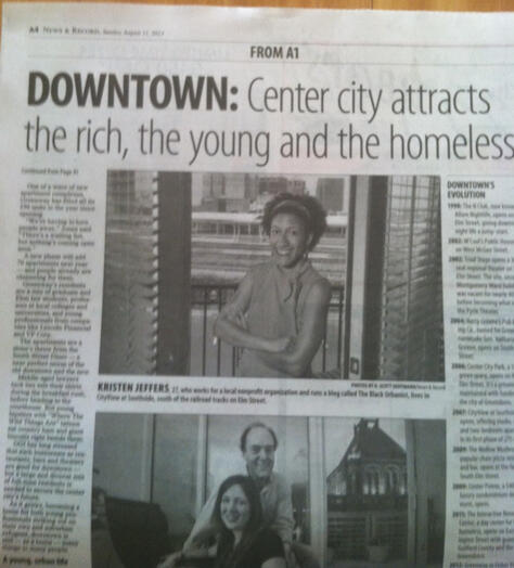 News and Record Sunday Front Page Feature on my life at the time in Downtown Greensboro and how it felt to live in the body I'm in and be able to live downtown in 2013. Spring 2013.